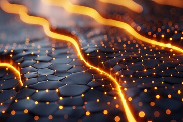 Fototapete - Warm orange light waves flow over a dark hexagonal surface, creating a feeling of energy and digital motion