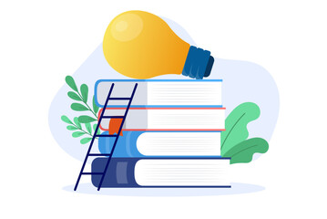 Aufkleber - Books and idea light bulb - Gaining creative knowledge and getting ideas from reading and learning concept in flat design vector illustration with white background
