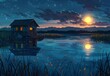 Serene lakeside cabin at moonrise
