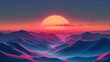 Vibrant illustration of a mountainous sunset with a large sun and colorful sky