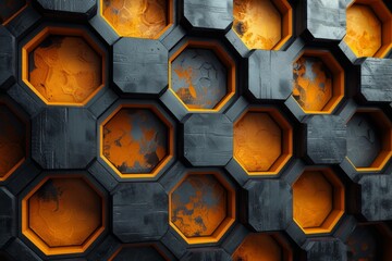 Poster - An image depicting a hexagonal pattern with orange illumination set against a gray background, evoking a strong, industrial feel