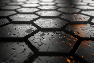 Poster - Close-up of a dark textured surface with hexagonal patterns and a warm orange glow between the gaps