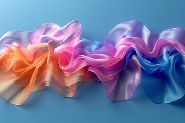 Poster - these digitally-rendered silk ribbons in orange to purple hues elegantly wave on a cool blue backgro