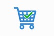 A digital icon featuring a shopping cart with a check mark, symbolizing confirmed purchase