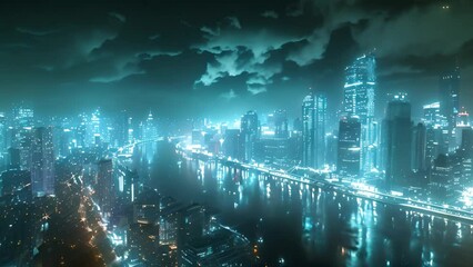 Poster - A dazzling city at night, illuminated under a dramatic sky by the river.