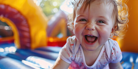 Laughing girl baby having fun on bouncy castle trampoline. Outdoor summer joy.