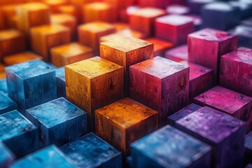 Poster - Engaging image showing cubes with a textured surface arranged in a gradient of warm to cool tones, illustrating depth and contrast