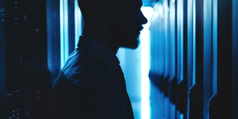 Portrait of technical engineer of system administrator on the background of server room, copy space. Work as an IT technician.
