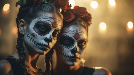 Wall Mural - Festive tradition in focus-portrait of two women in stunning sugar skull makeup, celebrating the vibrancy of Mardi Gras culture.