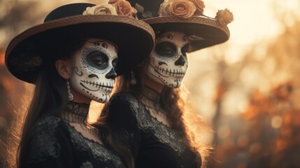 Wall Mural - Vibrant celebration captured-portrait of two friends in elaborate sugar skull makeup, a colorful expression of Mardi Gras tradition.