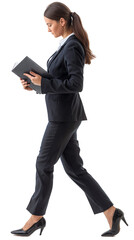 Professional Young Caucasian Businesswoman Reading Planner While Walking, Isolated on Transparent Background