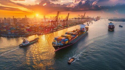 Logistics and transportation of Container Cargo ship and Cargo plane with working crane bridge in shipyard at sunrise,