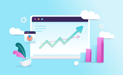 Fototapete - Digital growth on computer screen - Laptop with green arrow pointing up towards success. Financial and statistic rising chart concept in vector illustration with blue background