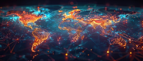 A digital world map with glowing orange and blue lights representing data flowing across the globe.