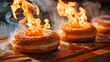 A vibrant display of donuts on fire, showcasing the thrill and excitement of a daring baking technique. The sweet treats, glistening with glaze, sizzle under the intense heat, transforming the