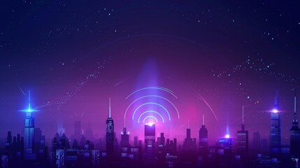 Wall Mural - Modern city with wireless network connection and city scape concept.Wireless network and Connection technology concept with city background at night.