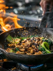 Wall Mural - A vibrant and appetizing scene of a flaming pan filled with saut?ed mushrooms and bok choy, topped with toasted sesame seeds. The dish is carefully prepared with fresh, organic ingredients,