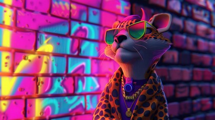 Sticker -   Close-up of a feline donning sunnies against a brick wall with a neon light in the foreground