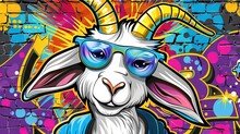  Goat Goggles Painting Against Brick Wall With Graffiti Art