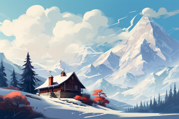 Wall Mural - A cozy mountain chalet nestled among snowy peaks with smoke rising from the chimney, isolated on solid white background.
