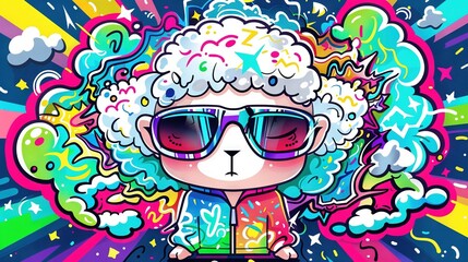 Wall Mural -   An illustration of a cartoon sheep wearing sunglasses and a T-shirt with a rainbow design on its head