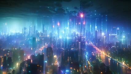 Fototapete - A modern city skyline at night, filled with bright lights and futuristic architecture, creating a dynamic and unique urban scene.