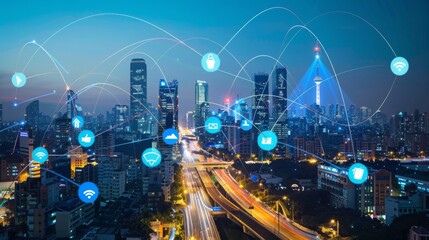 Fototapete - Modern city with wireless network connection concept