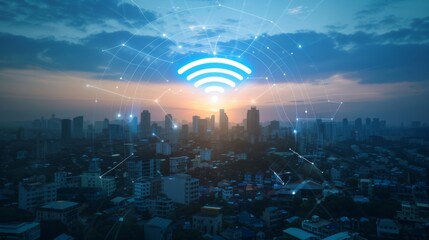 Fototapete - Modern city with wireless network connection concept