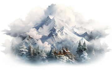 Poster - A cozy mountain chalet nestled among snowy peaks with smoke rising from the chimney, isolated on solid white background.