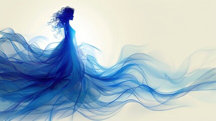   A painting of a woman wearing a blue dress with a flowing blue skirt behind her and her hair blowing in the wind