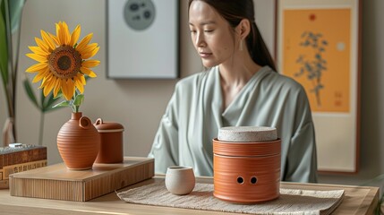 Wall Mural -  A woman sits at a table with two vases, one featuring a sunflower