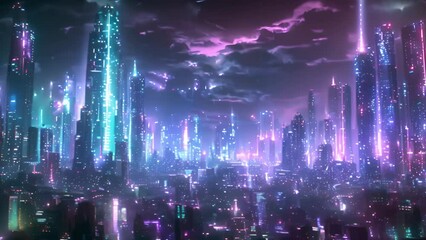Poster - A modern city aglow with neon lights under the night sky, showcasing a vibrant and high-tech urban landscape.