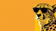  A zoomed-in image of a cheetah adorned with sunglasses against a yellow backdrop, featuring a leopard print on the side