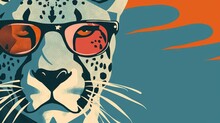   Close-up Of A Cheetah Wearing Sunglasses And An Orange T-shirt Set Against A Clear Sky Backdrop