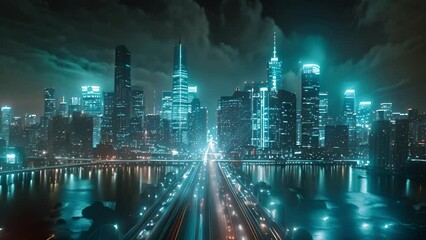 Aufkleber - A view of a large city with numerous towering buildings creating a bustling urban landscape under a cloudy sky.