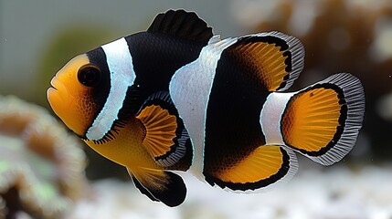 Wall Mural -   A close-up shot of a clownfish swimming in an aquarium surrounded by vibrant coral and anemone backdrop