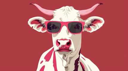 a picture of a cow with sunglasses on its head, wearing a scarf around its neck