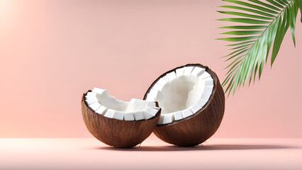 Two halves of a coconut on a pink background