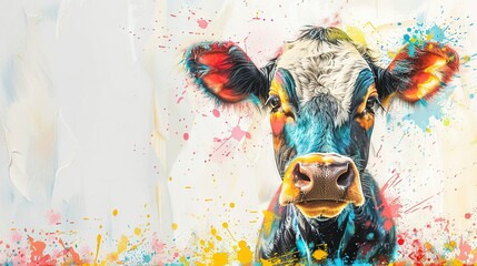 Wall Mural -   A vibrant depiction of a cow's visage adorned with multicolored splatters, accentuating its facial features