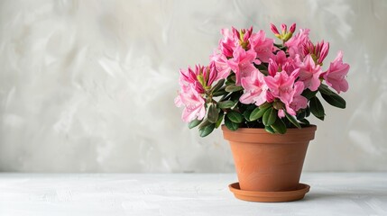 Canvas Print - Capture the beauty of a pink azalea or Rhododendron plant in full bloom Picture it in a charming brown pot resting on a white table offering a side view with room for text perfect for celeb