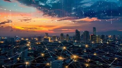 Leinwandbilder - Network connection line between building over of cityscape background network and connection concept