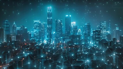 Poster - Cityscape at night illuminated by glowing buildings and digital network connections.