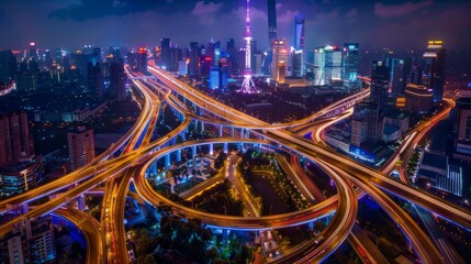 Aufkleber - Shanghai elevated road junction and interchange overpass at night, Shanghai China