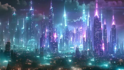 Aufkleber - A bustling city at night, illuminated by neon lights, with towering skyscrapers dominating the skyline.