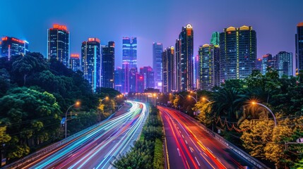 Aufkleber - Shenzhen city buildings at night and blurred car lights