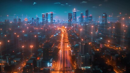 Poster - A futuristic city at twilight with overlaid digital network connections.