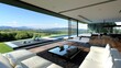 modern living room in North Wales, featuring expansive glass doors that offer panoramic views of the picturesque rolling green pastures, majestic hills, and the endless expanse of blue sky.