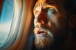 A panicked young man on a plane, looking out the window with a terrified expression 8K , high-resolution, ultra HD,up32K HD