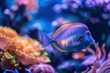 Wall Mural - Surgeonfish in aquarium with blue water and corals