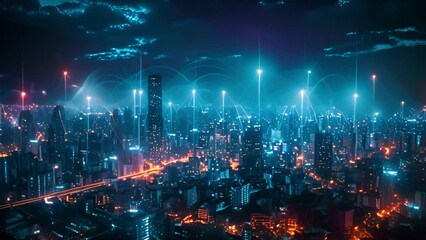 Aufkleber - A skyline view with illuminated buildings under a network of digital connections.
